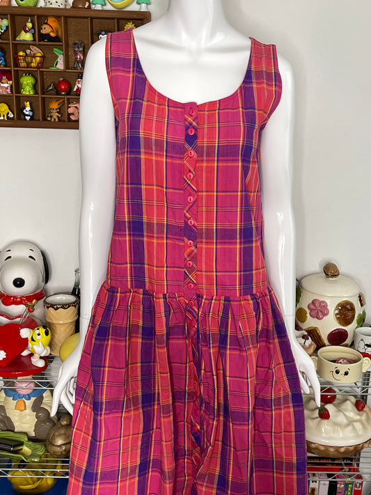 Vintage 90s Colorful Flowy Oversized Plaid Dress Sz M/L