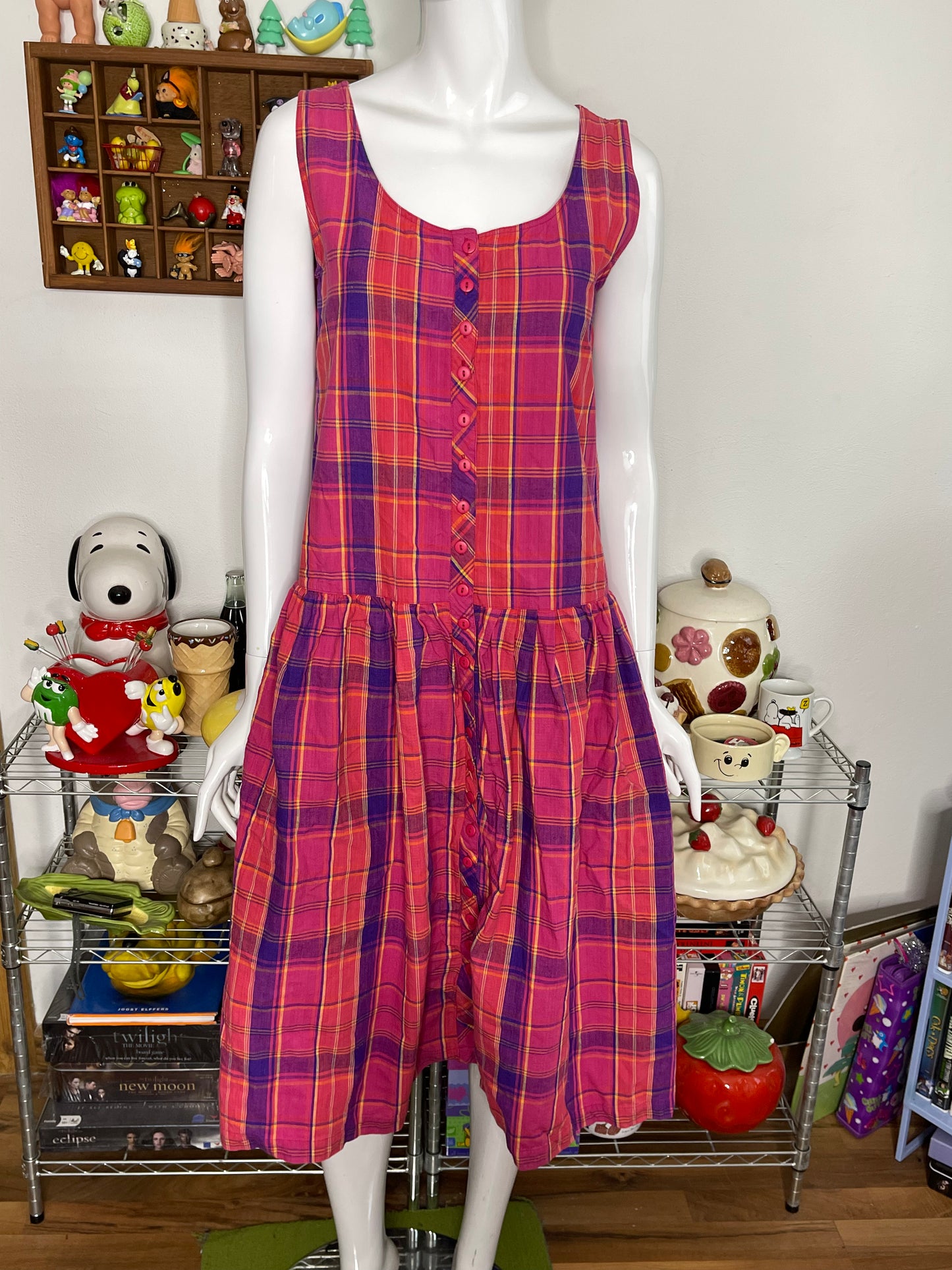 Vintage 90s Colorful Flowy Oversized Plaid Dress Sz M/L