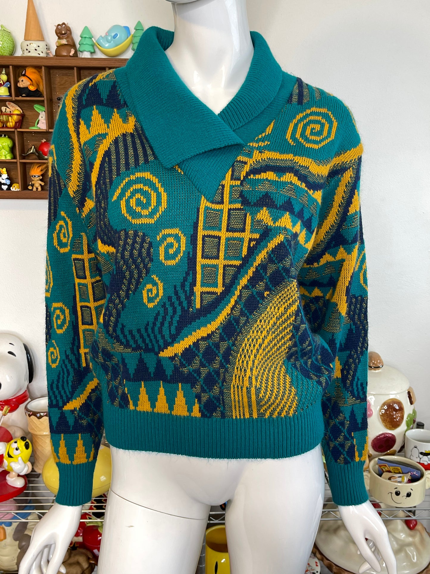 Vintage 90s Teal & Mustard Funky Knit Sweater Sz M