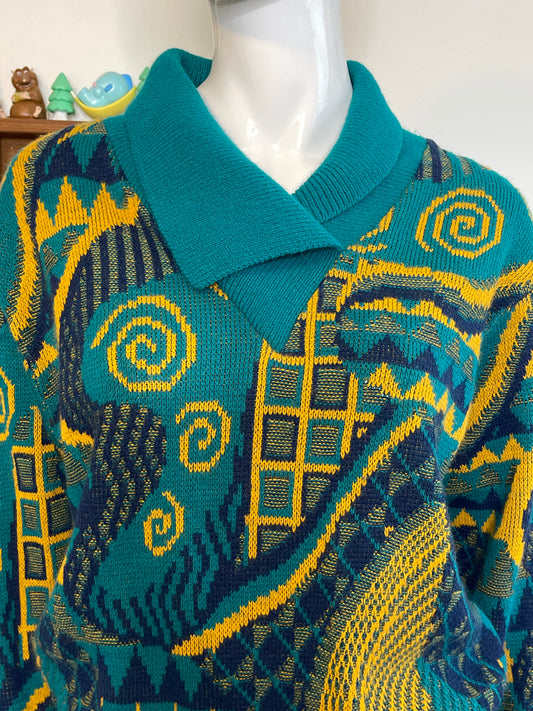 Vintage 90s Teal & Mustard Funky Knit Sweater Sz M