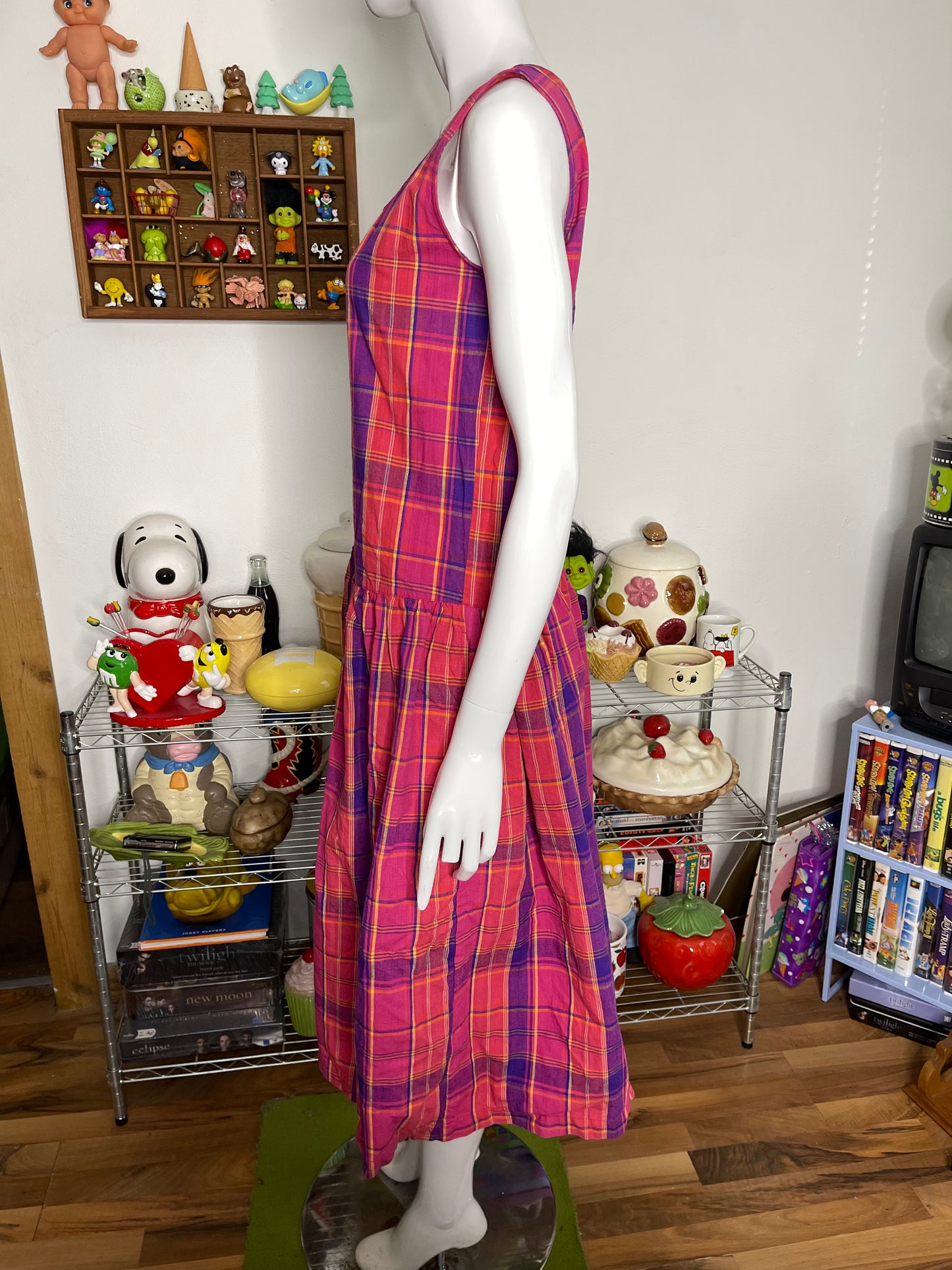 Vintage 90s Colorful Flowy Oversized Plaid Dress Sz M/L