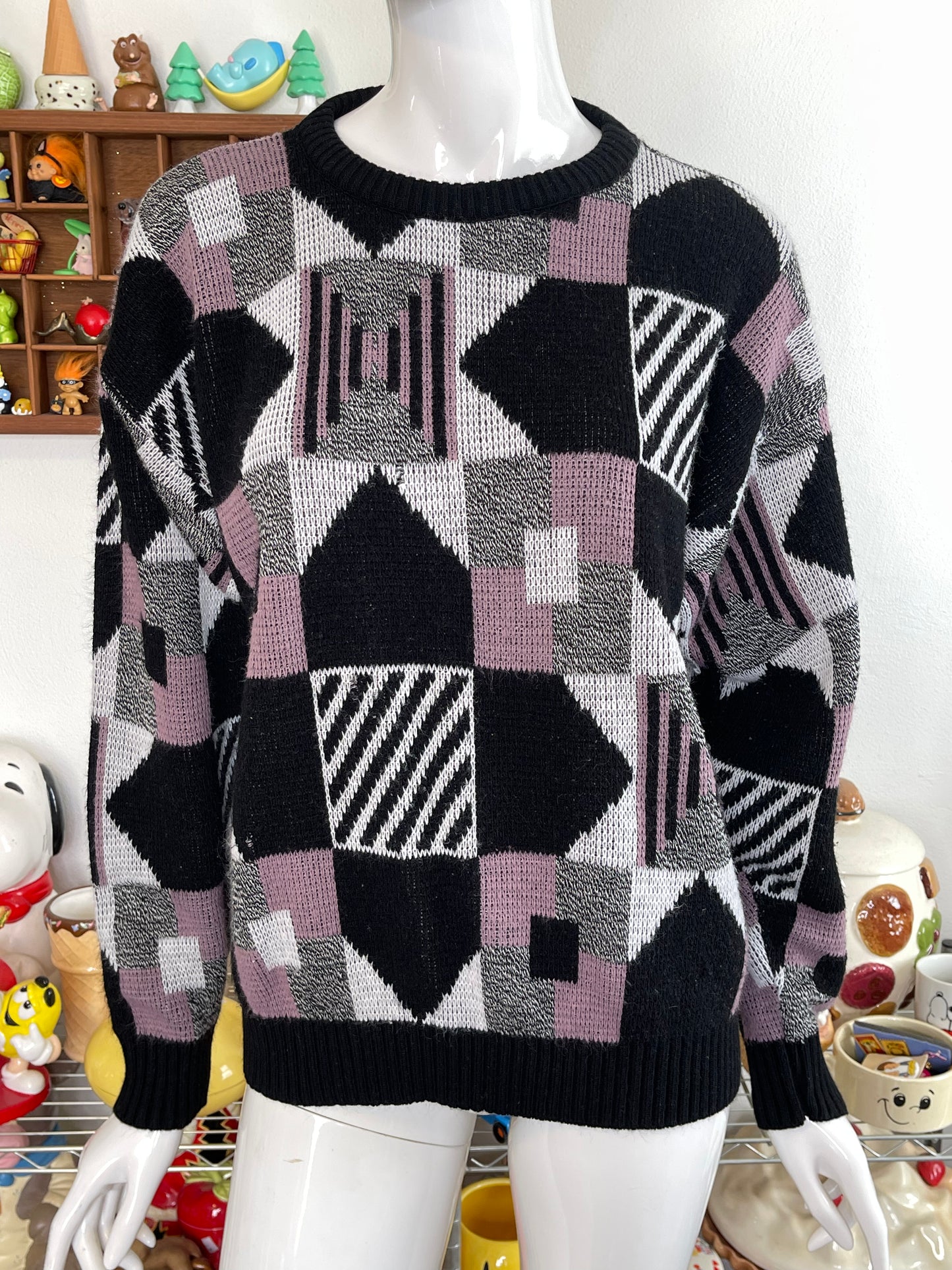 Vintage 90s Funky Black And Mauve Geometric Knit Sweater Sz L
