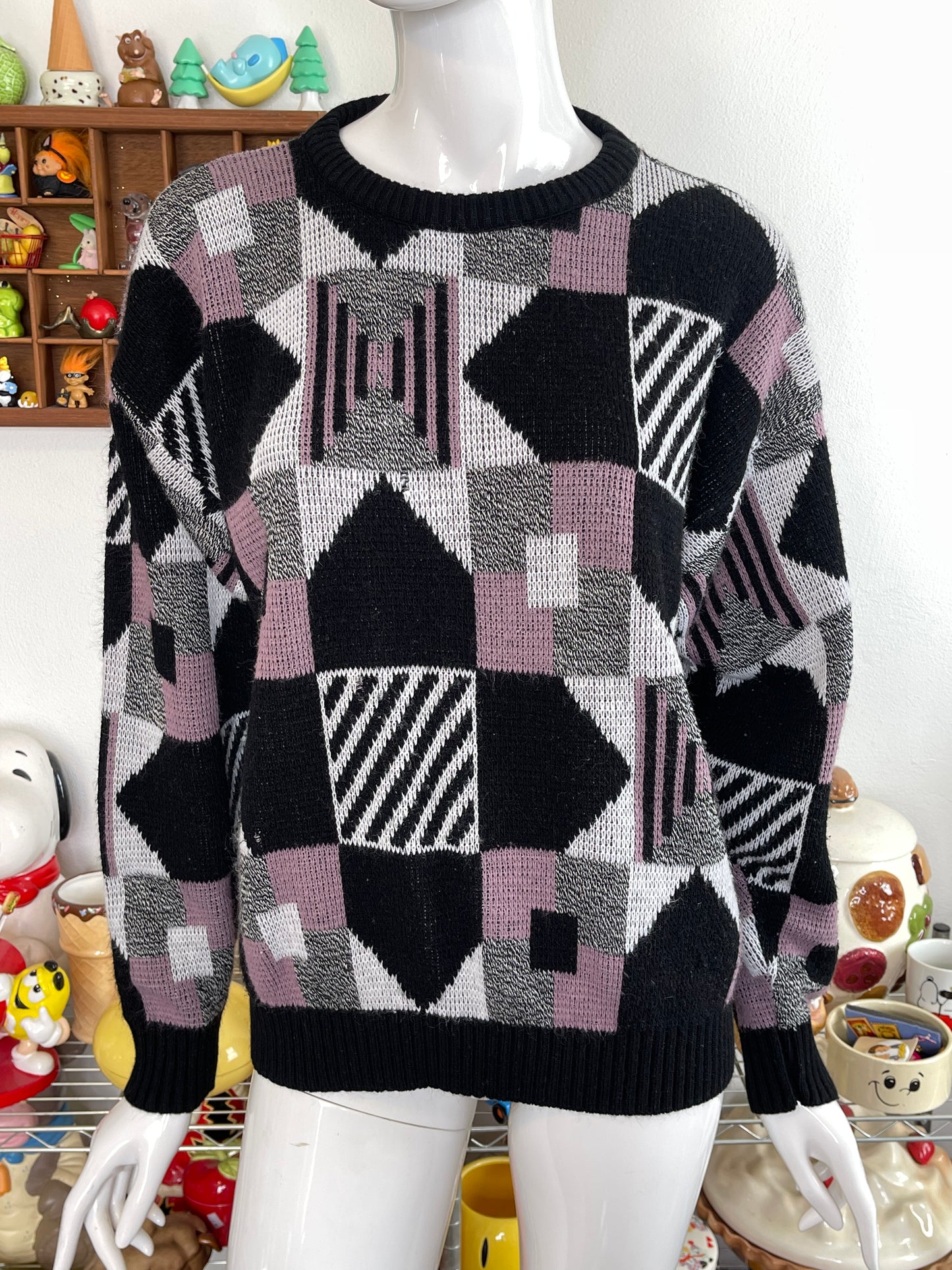 Vintage 90s Funky Black And Mauve Geometric Knit Sweater Sz L