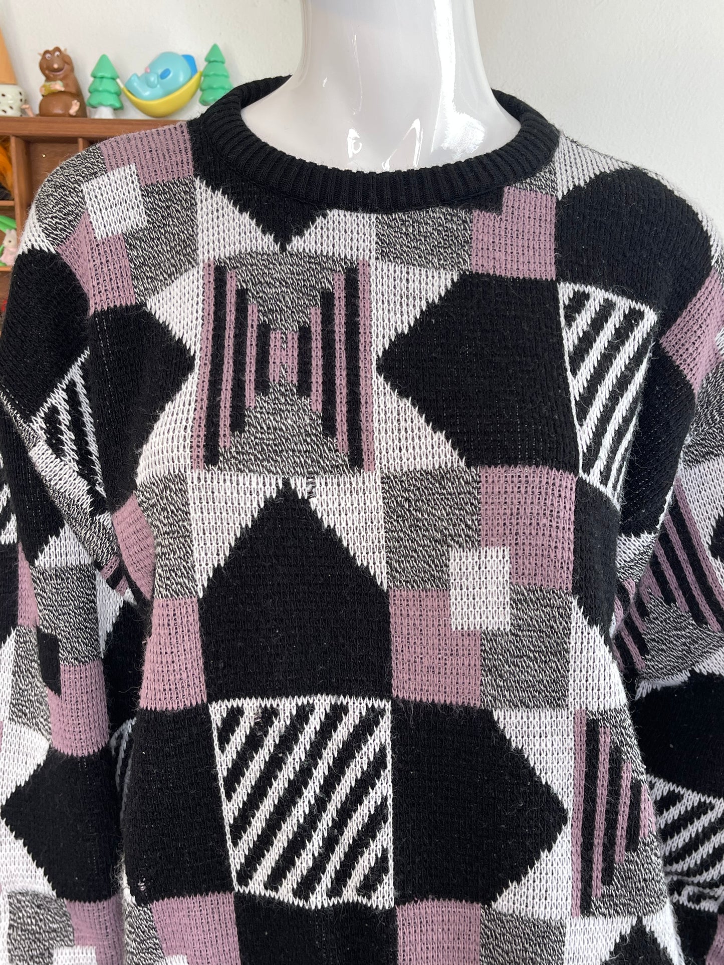 Vintage 90s Funky Black And Mauve Geometric Knit Sweater Sz L
