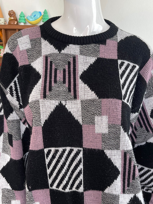 Vintage 90s Funky Black And Mauve Geometric Knit Sweater Sz L