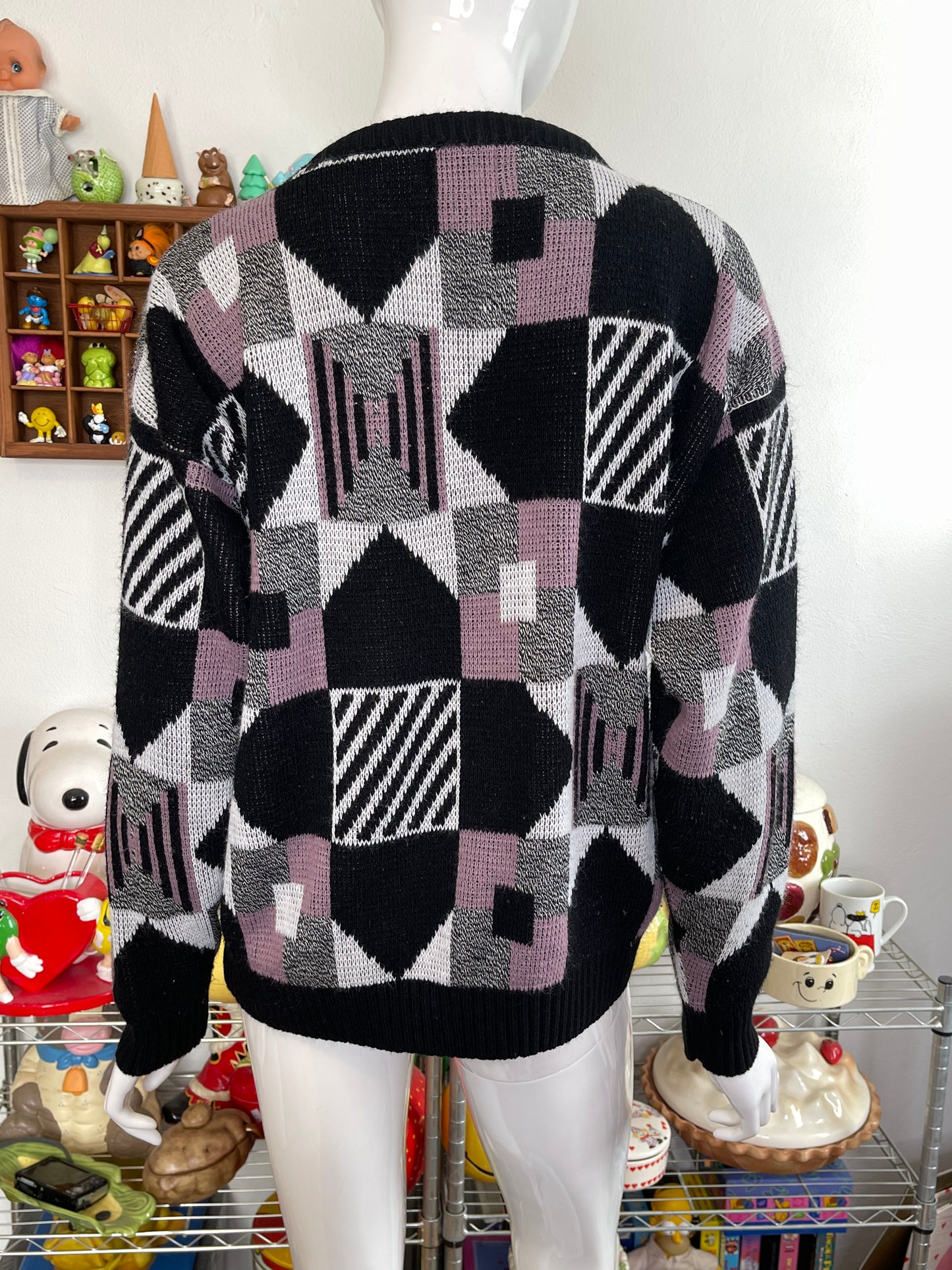 Vintage 90s Funky Black And Mauve Geometric Knit Sweater Sz L
