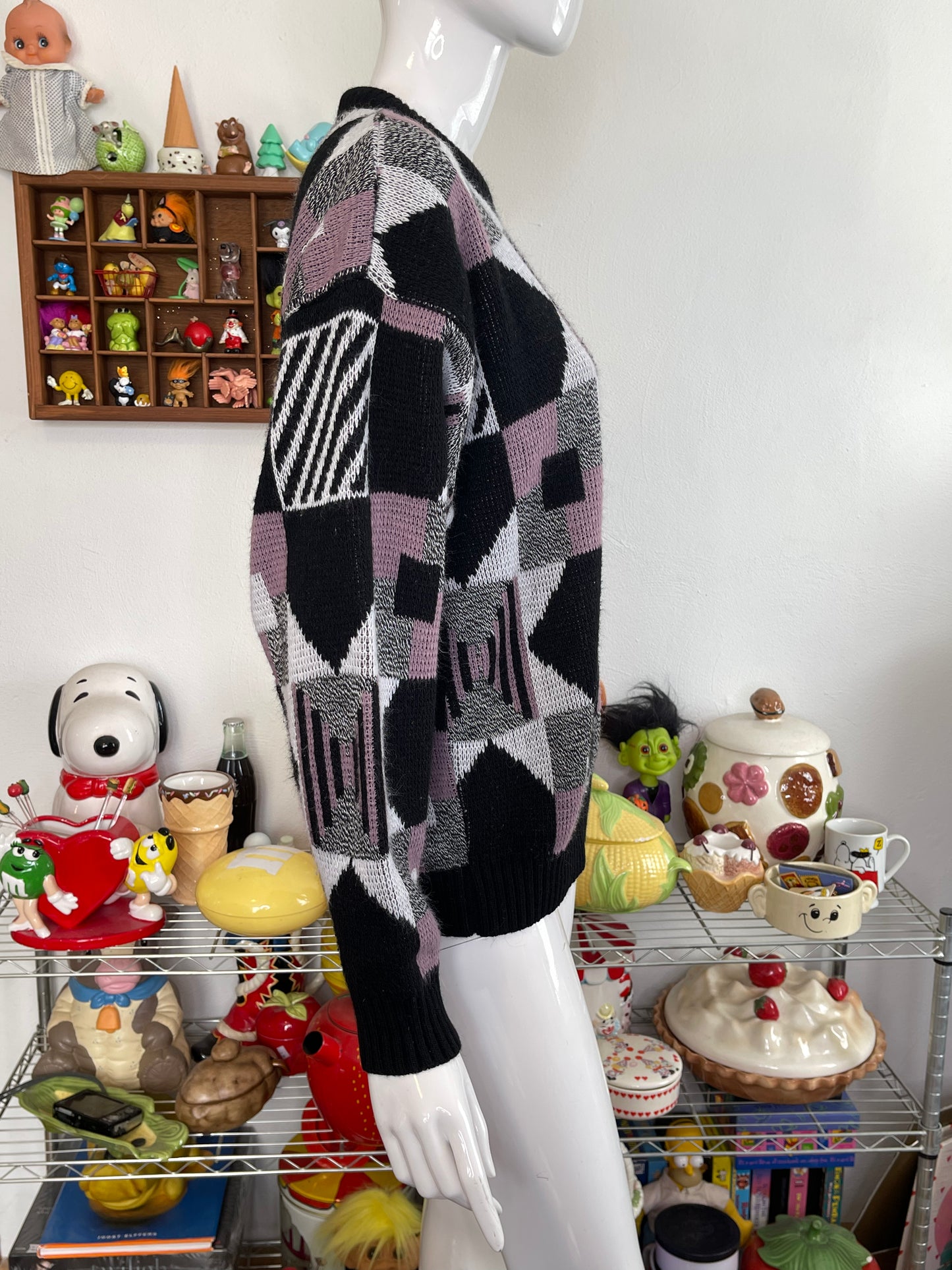 Vintage 90s Funky Black And Mauve Geometric Knit Sweater Sz L