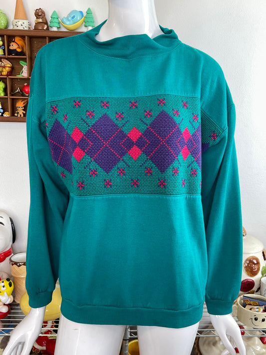 Vintage 90s Teal Green Patchwork Argyle Oversized Sweater Sz M
