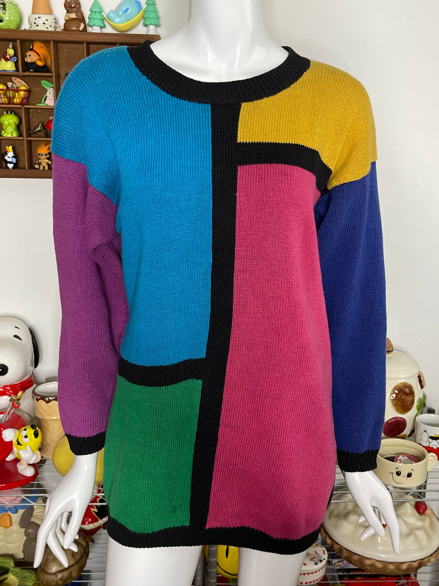 Vintage 90s Color Block Oversized Knit Sweater Sz M