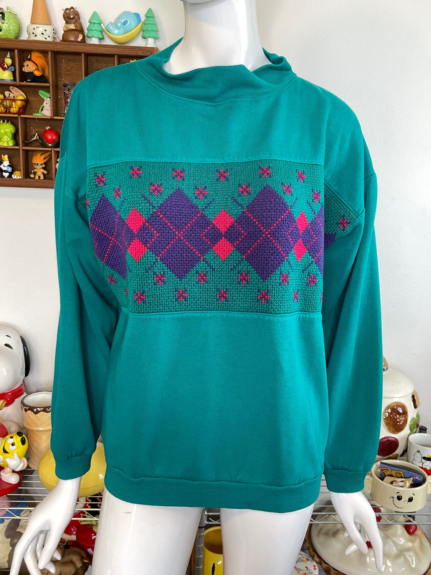 Vintage 90s Teal Green Patchwork Argyle Oversized Sweater Sz M