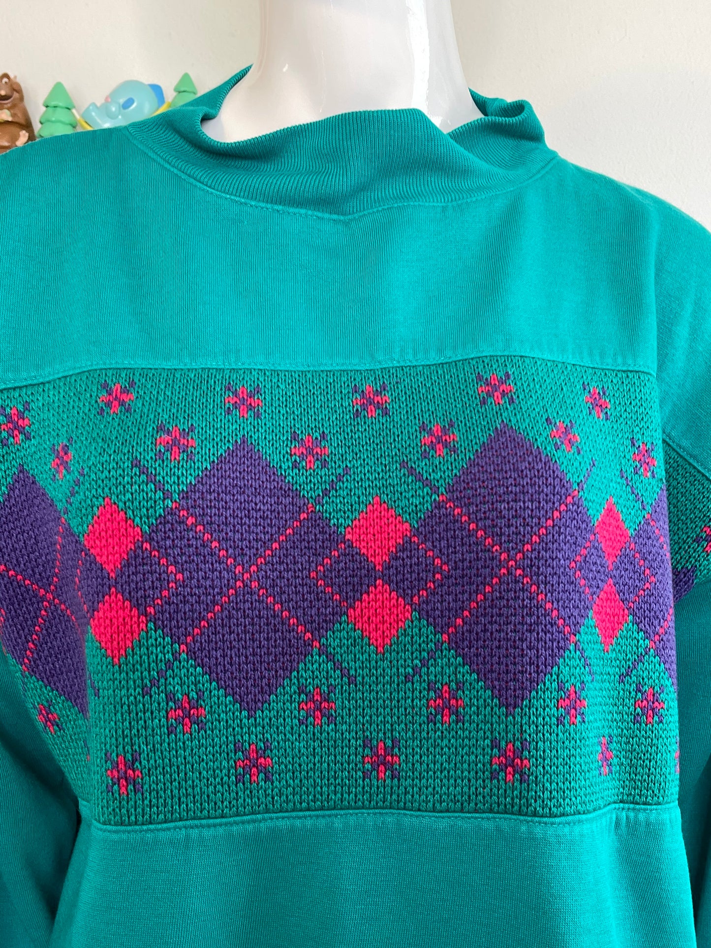 Vintage 90s Teal Green Patchwork Argyle Oversized Sweater Sz M