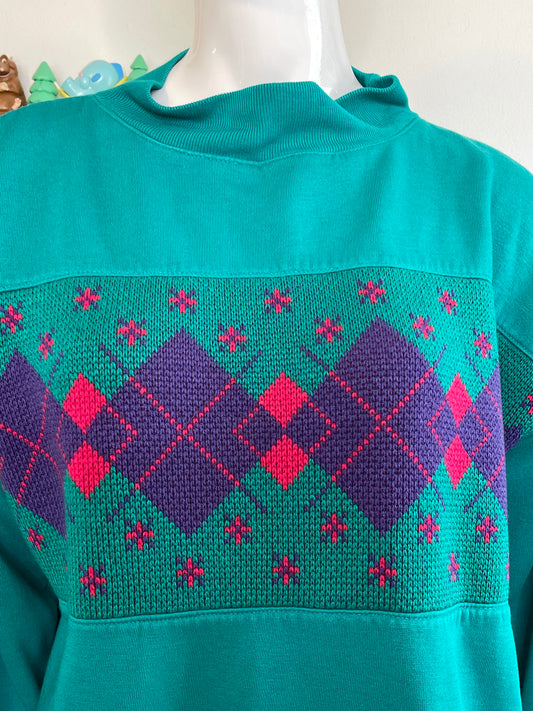 Vintage 90s Teal Green Patchwork Argyle Oversized Sweater Sz M