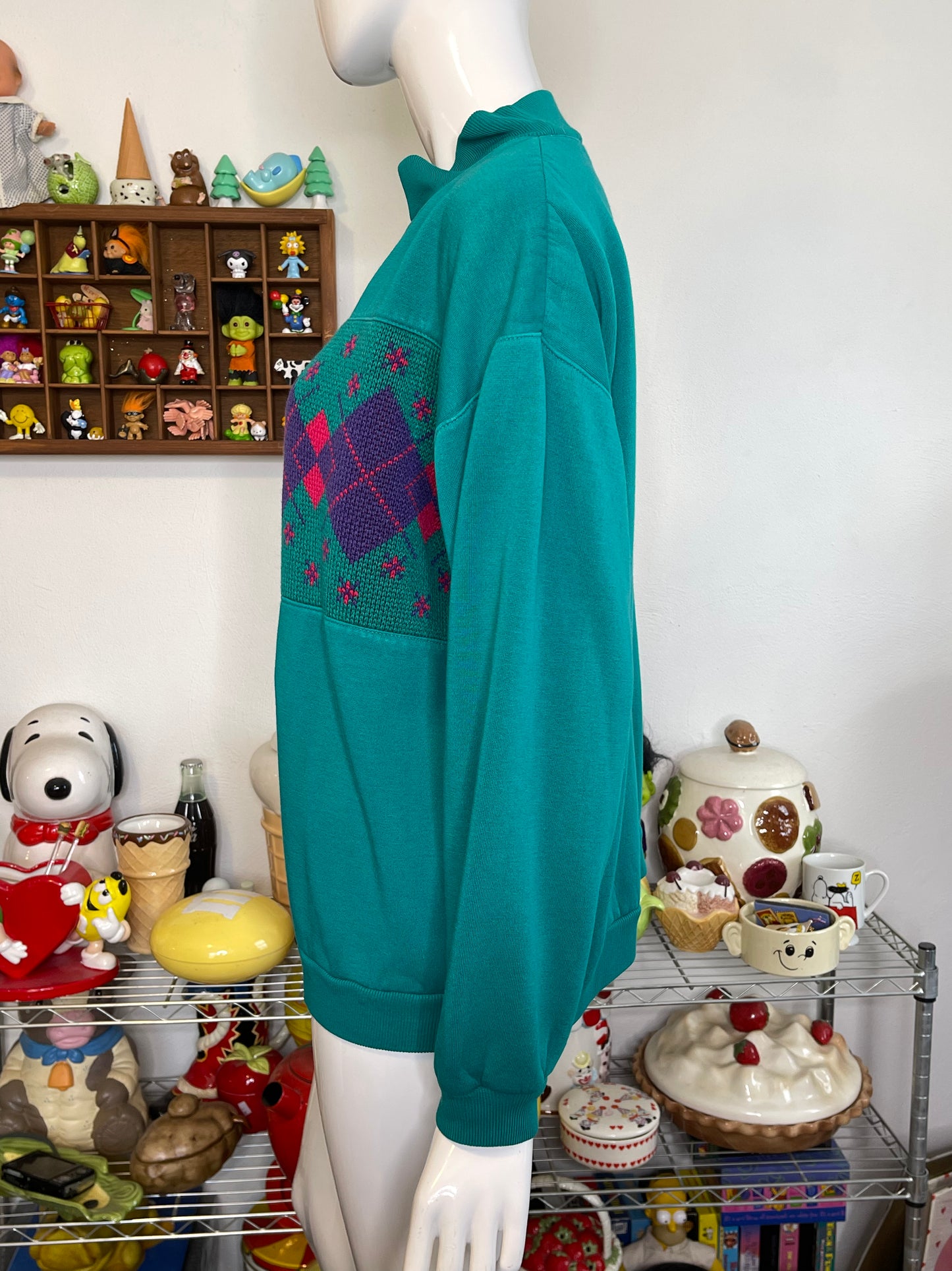 Vintage 90s Teal Green Patchwork Argyle Oversized Sweater Sz M