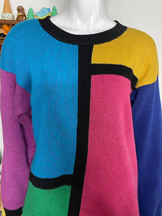 Vintage 90s Color Block Oversized Knit Sweater Sz M