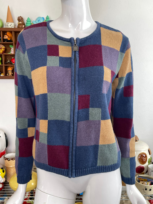 Vintage 2000s Colorful Colorblock Patchwork Knit Zip-up Cardigan Sz S