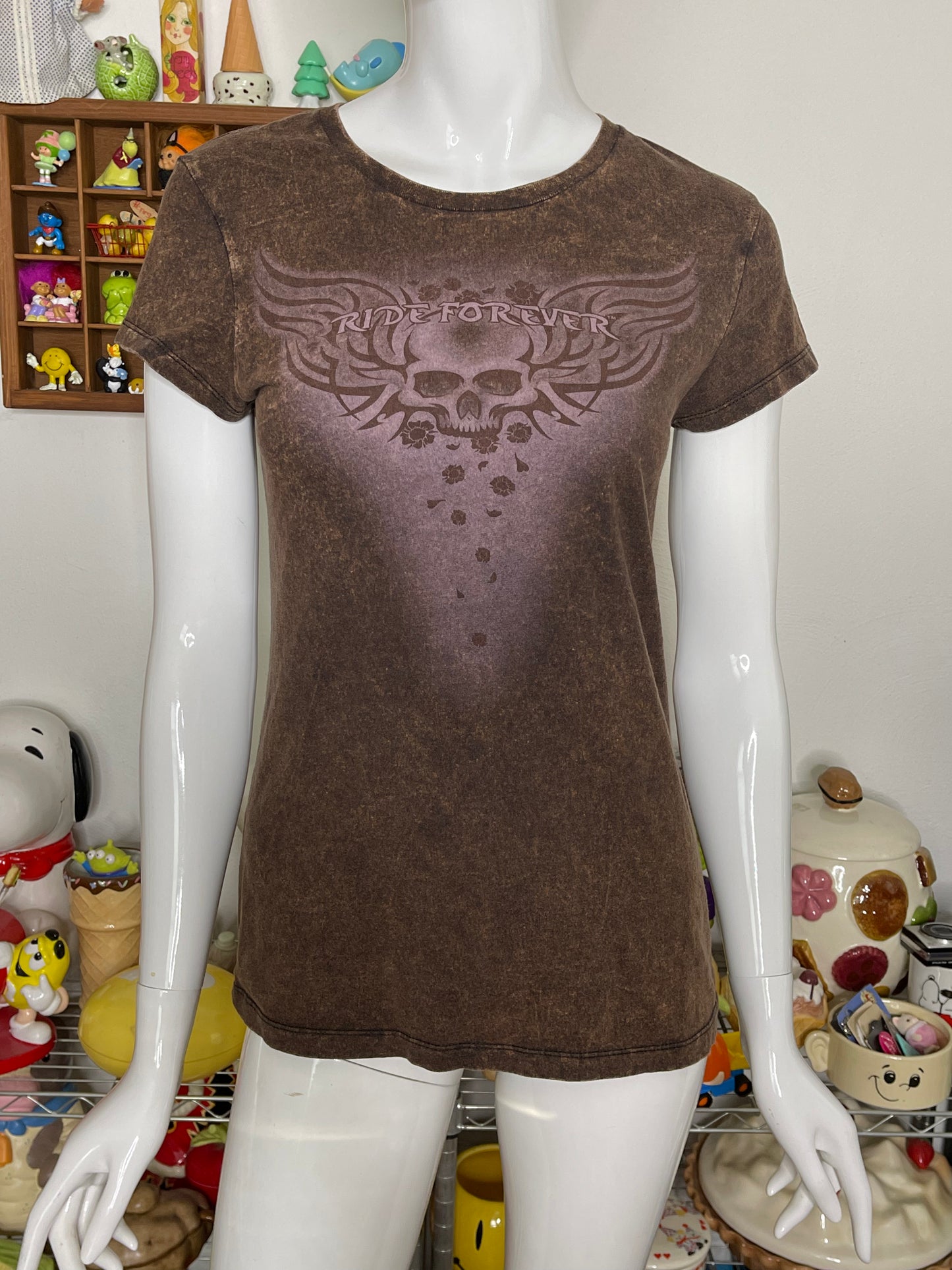 Grunge biker "Ride Forever" Acid Wash Skull Graphic Tee Sz S