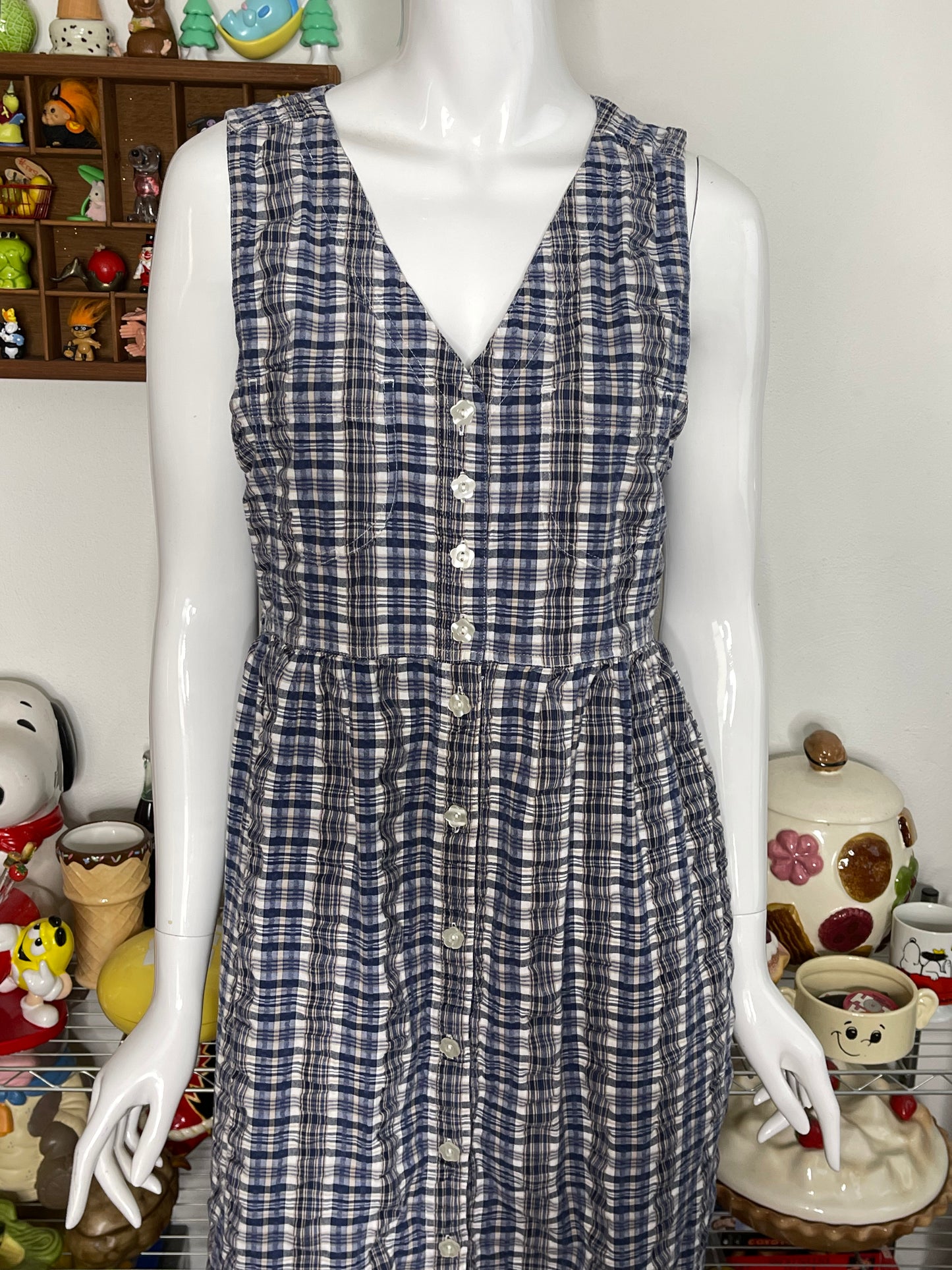 Vintage Blue & Beige Flowy Oversized Plaid Maxi Dress Sz M