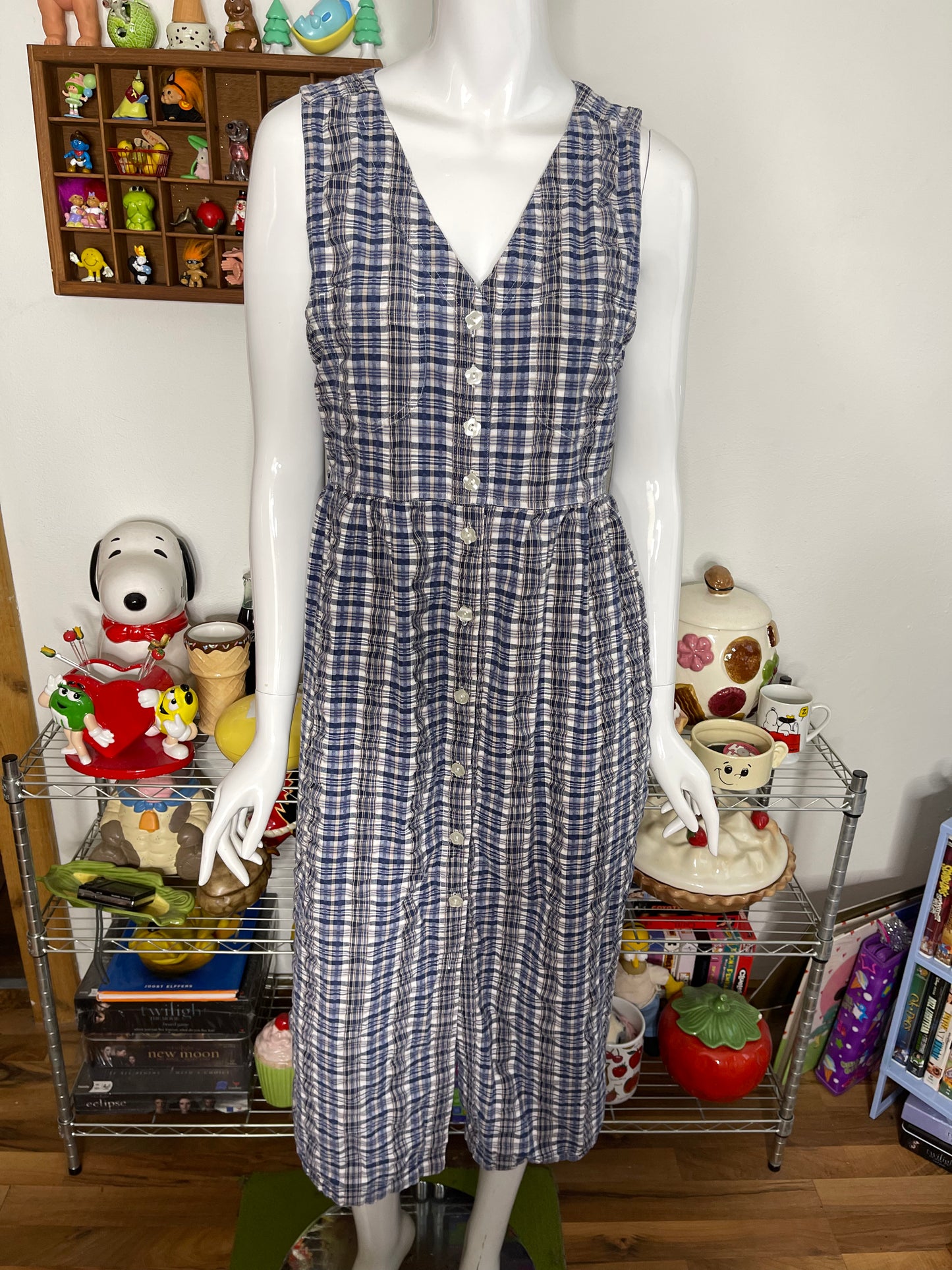 Vintage Blue & Beige Flowy Oversized Plaid Maxi Dress Sz M