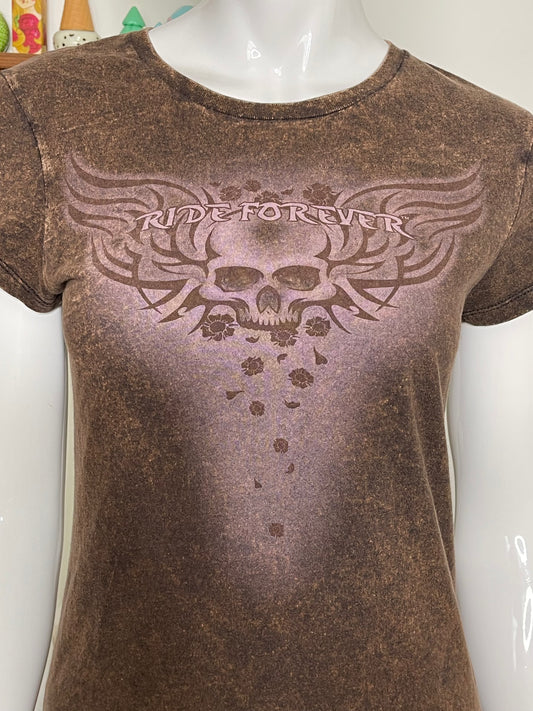 Grunge biker "Ride Forever" Acid Wash Skull Graphic Tee Sz S