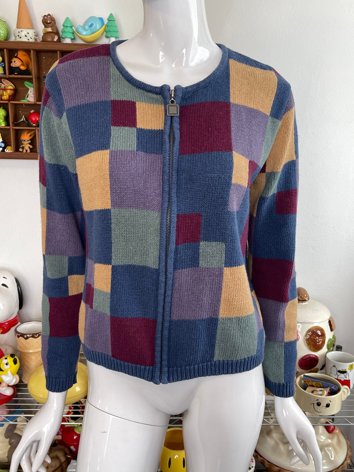 Vintage 2000s Colorful Colorblock Patchwork Knit Zip-up Cardigan Sz S
