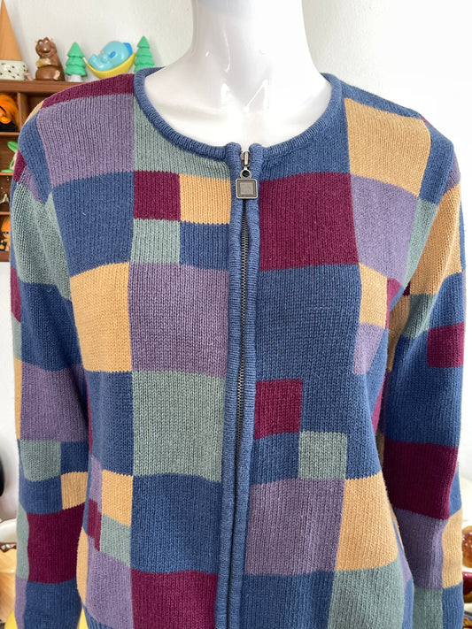 Vintage 2000s Colorful Colorblock Patchwork Knit Zip-up Cardigan Sz S
