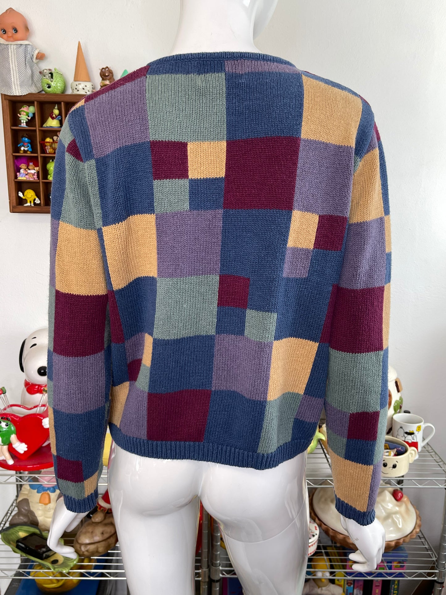 Vintage 2000s Colorful Colorblock Patchwork Knit Zip-up Cardigan Sz S