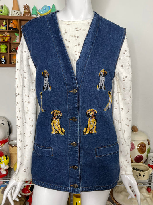 Vintage 90s Dog Denim Embroidered Oversized Vest Sz M/L