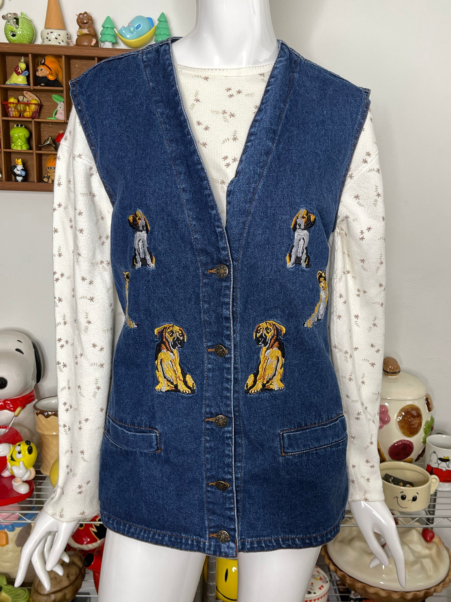 Vintage 90s Dog Denim Embroidered Oversized Vest Sz M/L