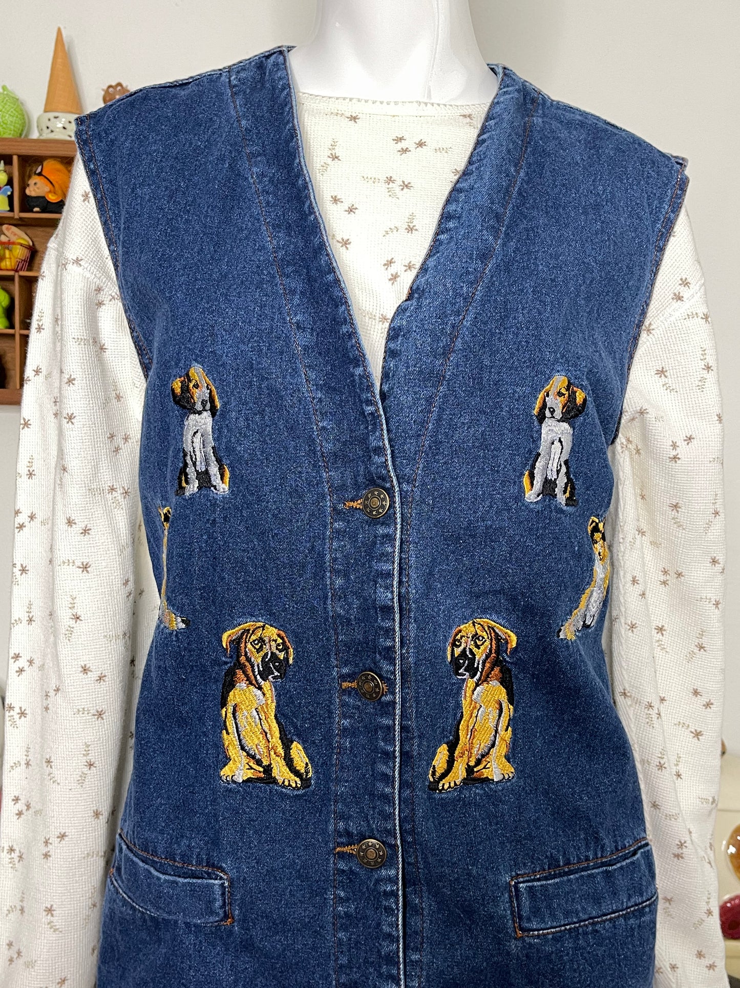 Vintage 90s Dog Denim Embroidered Oversized Vest Sz M/L