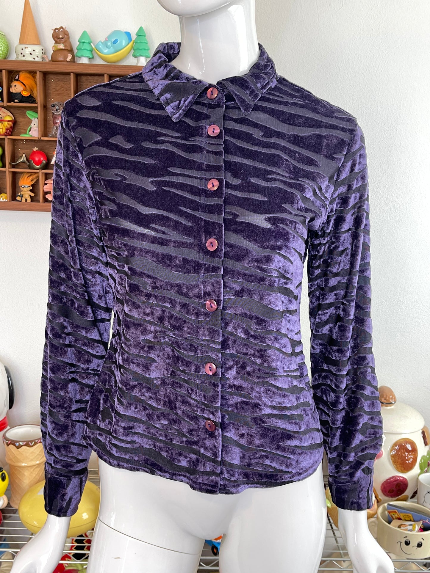 Vintage Purple Swirly Zebra Velvet & Mirco Mesh Collared Button Up Sz S
