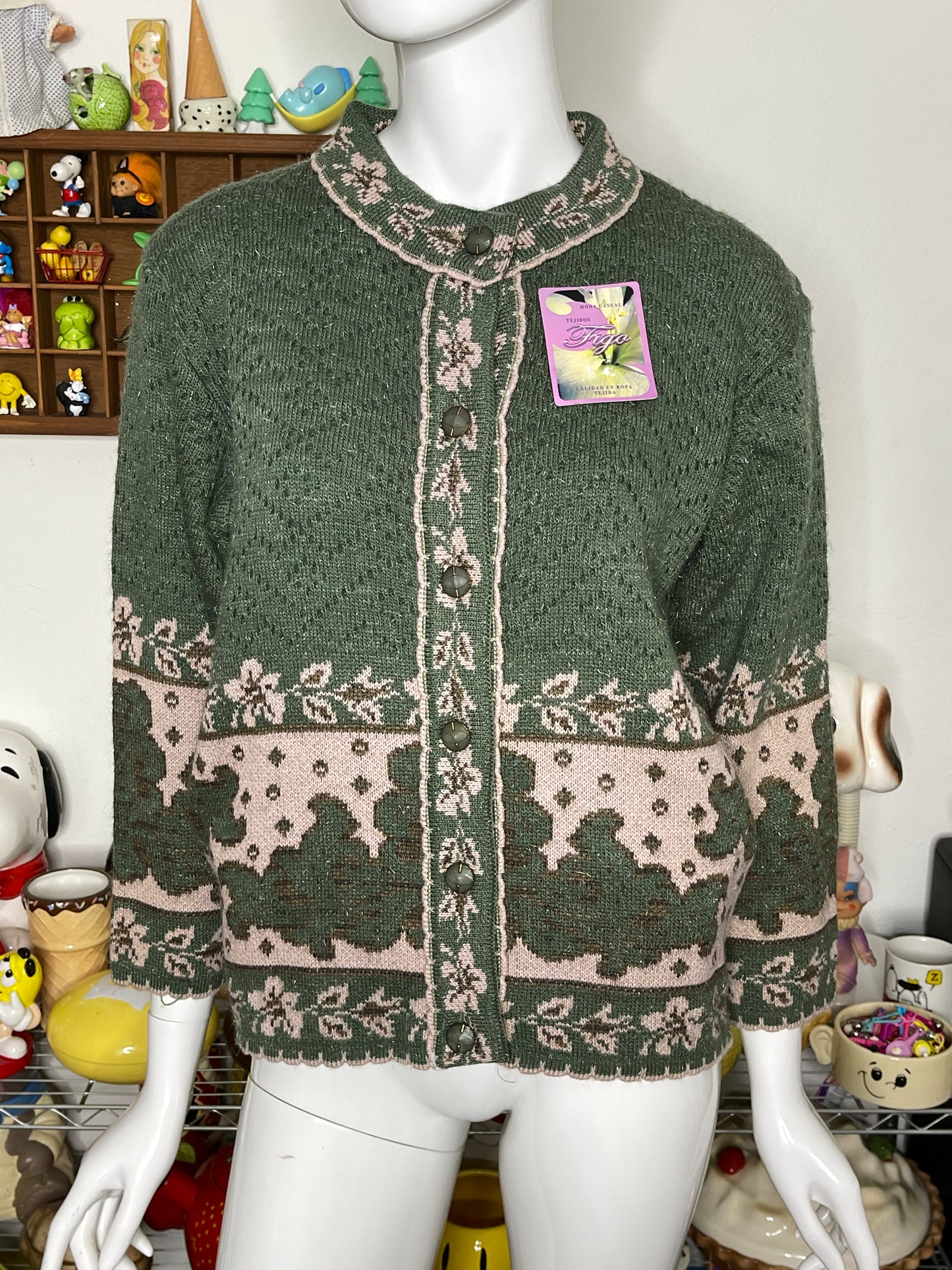 Vintage Green & Brown Floral Grandma Knit Cardigan Sz M