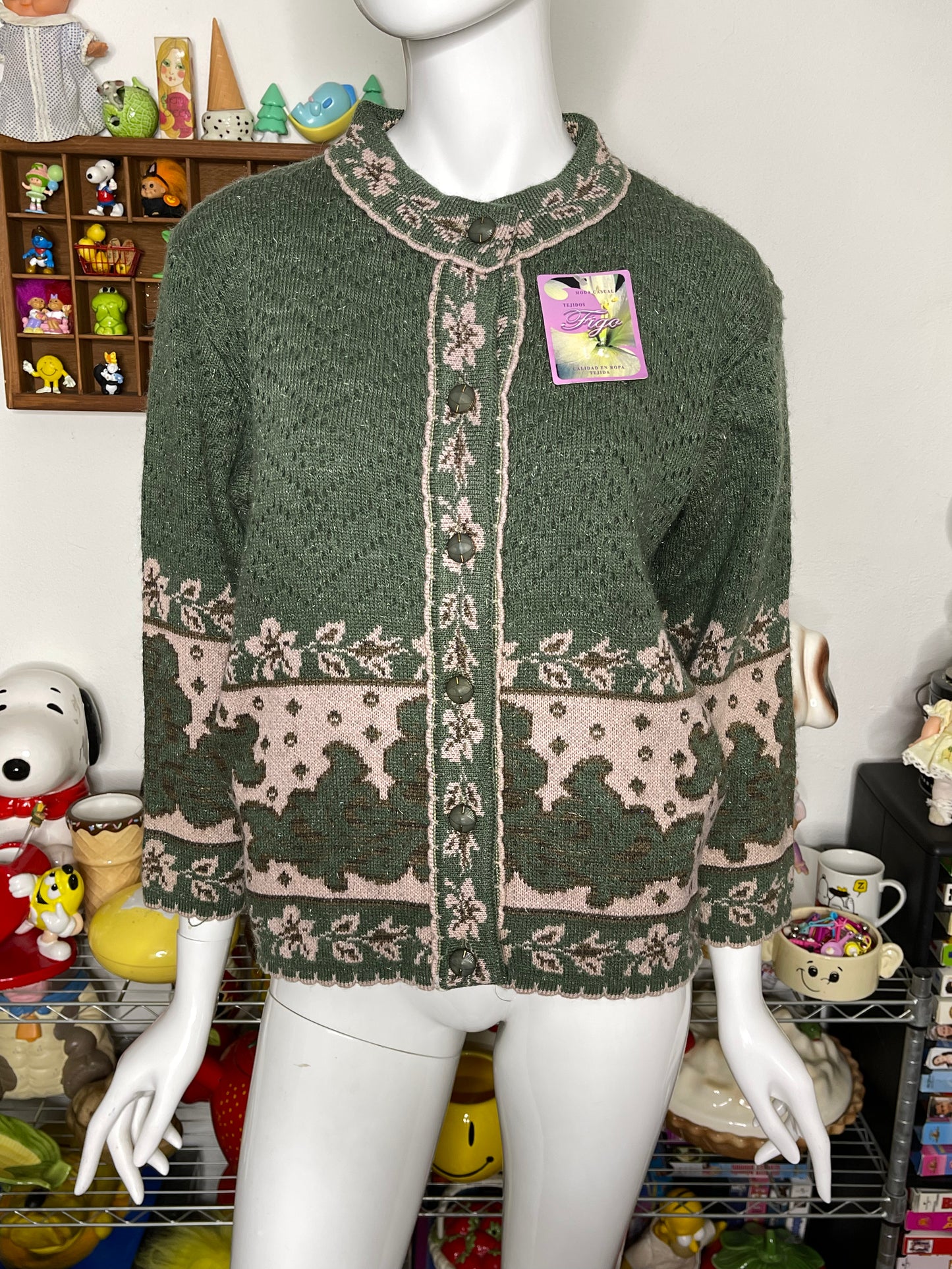 Vintage Green & Brown Floral Grandma Knit Cardigan Sz M