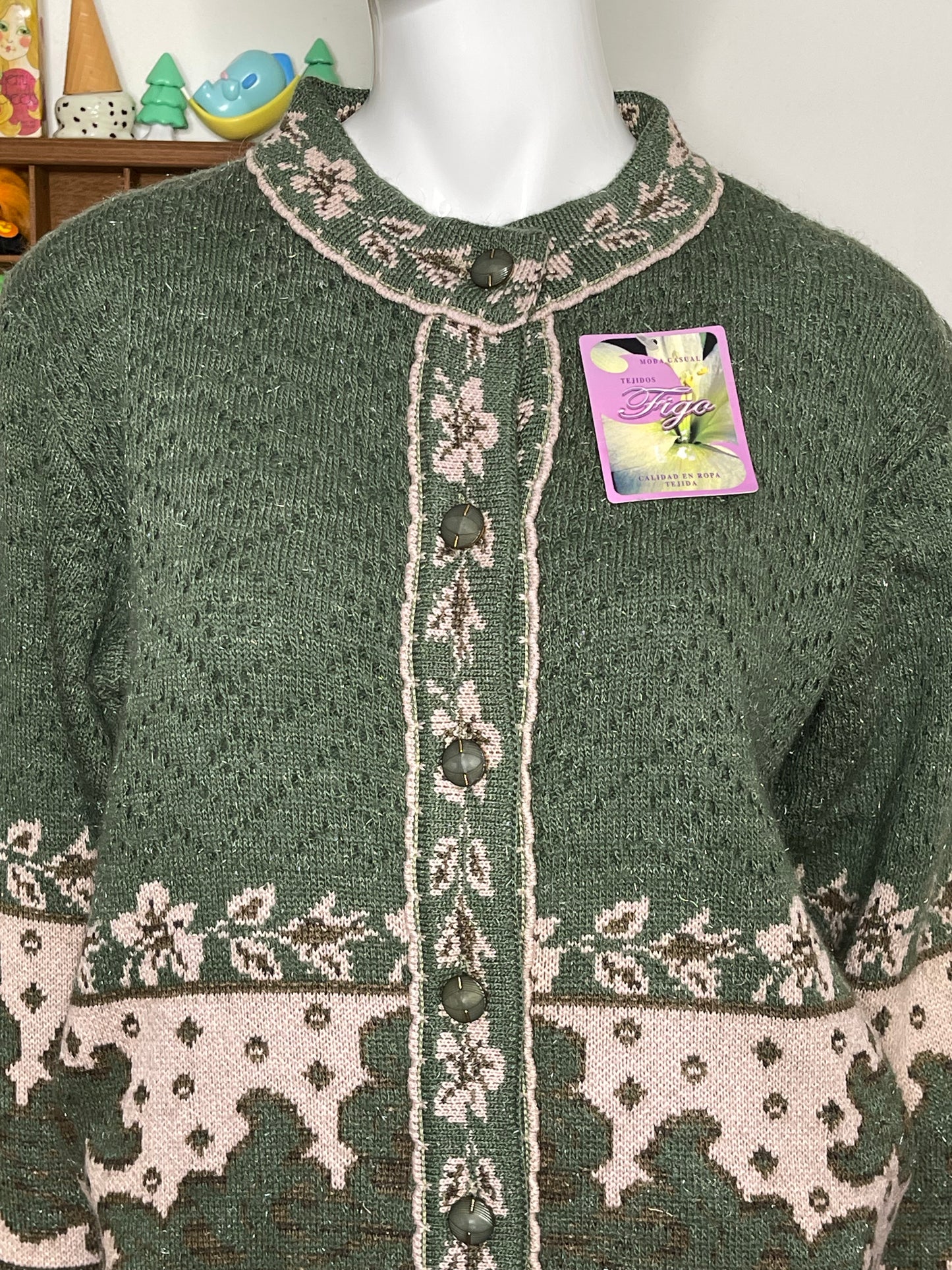 Vintage Green & Brown Floral Grandma Knit Cardigan Sz M
