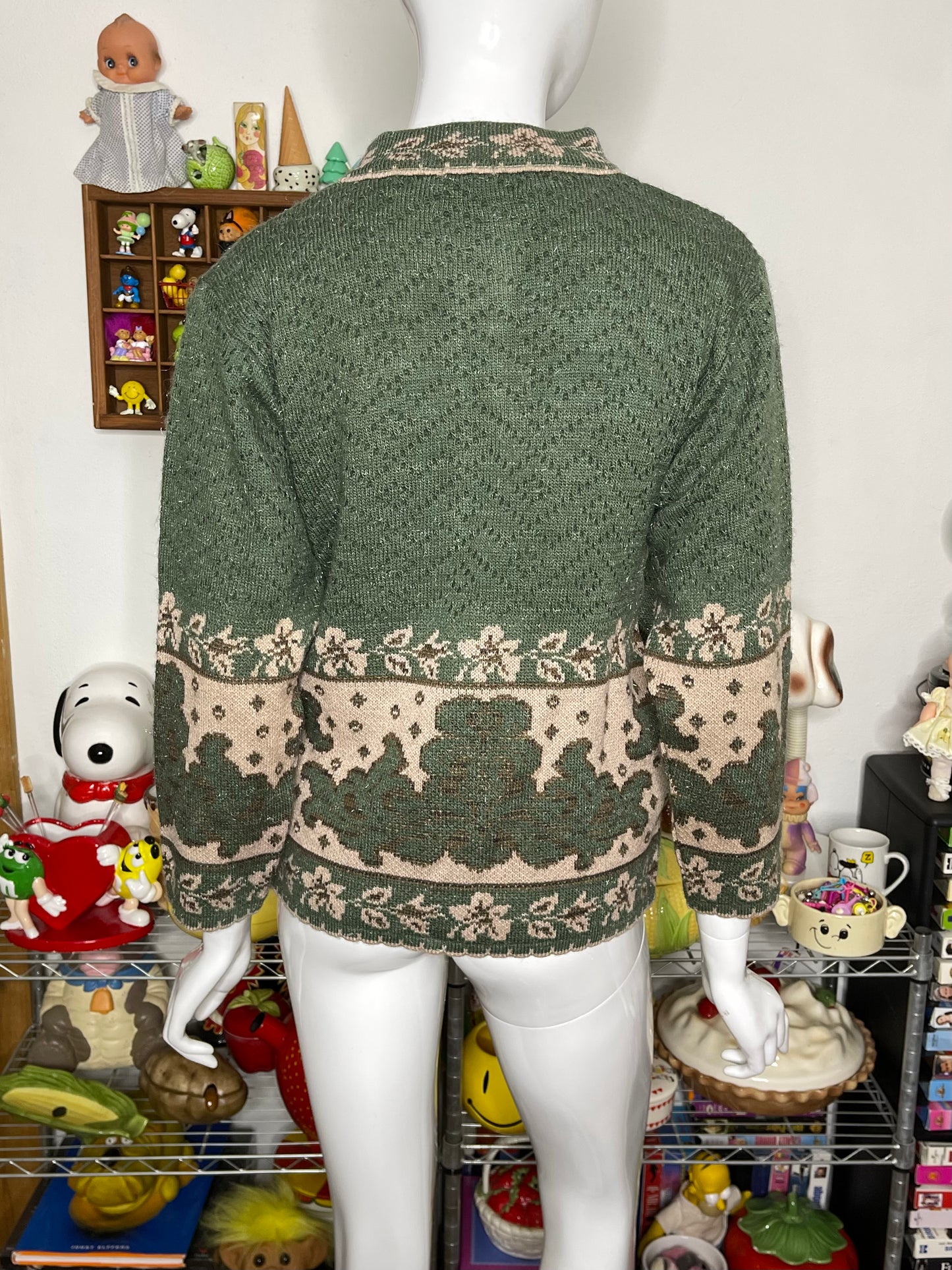 Vintage Green & Brown Floral Grandma Knit Cardigan Sz M