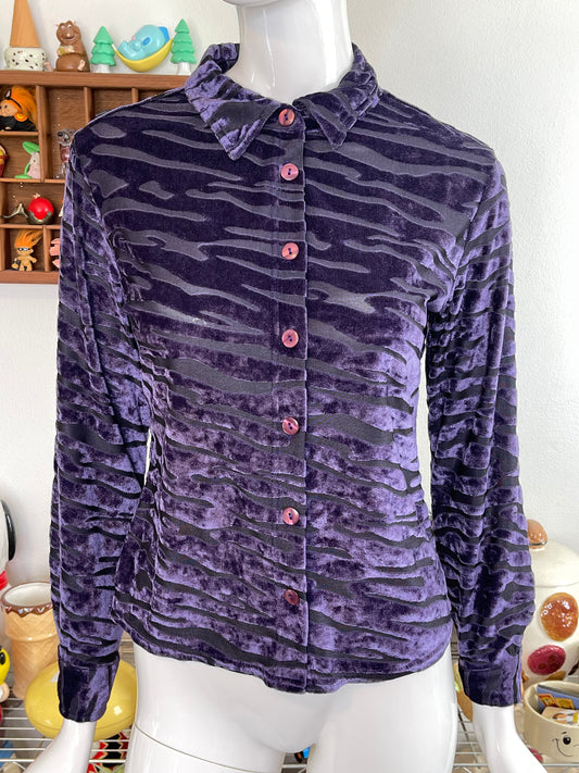 Vintage Purple Swirly Zebra Velvet & Mirco Mesh Collared Button Up Sz S