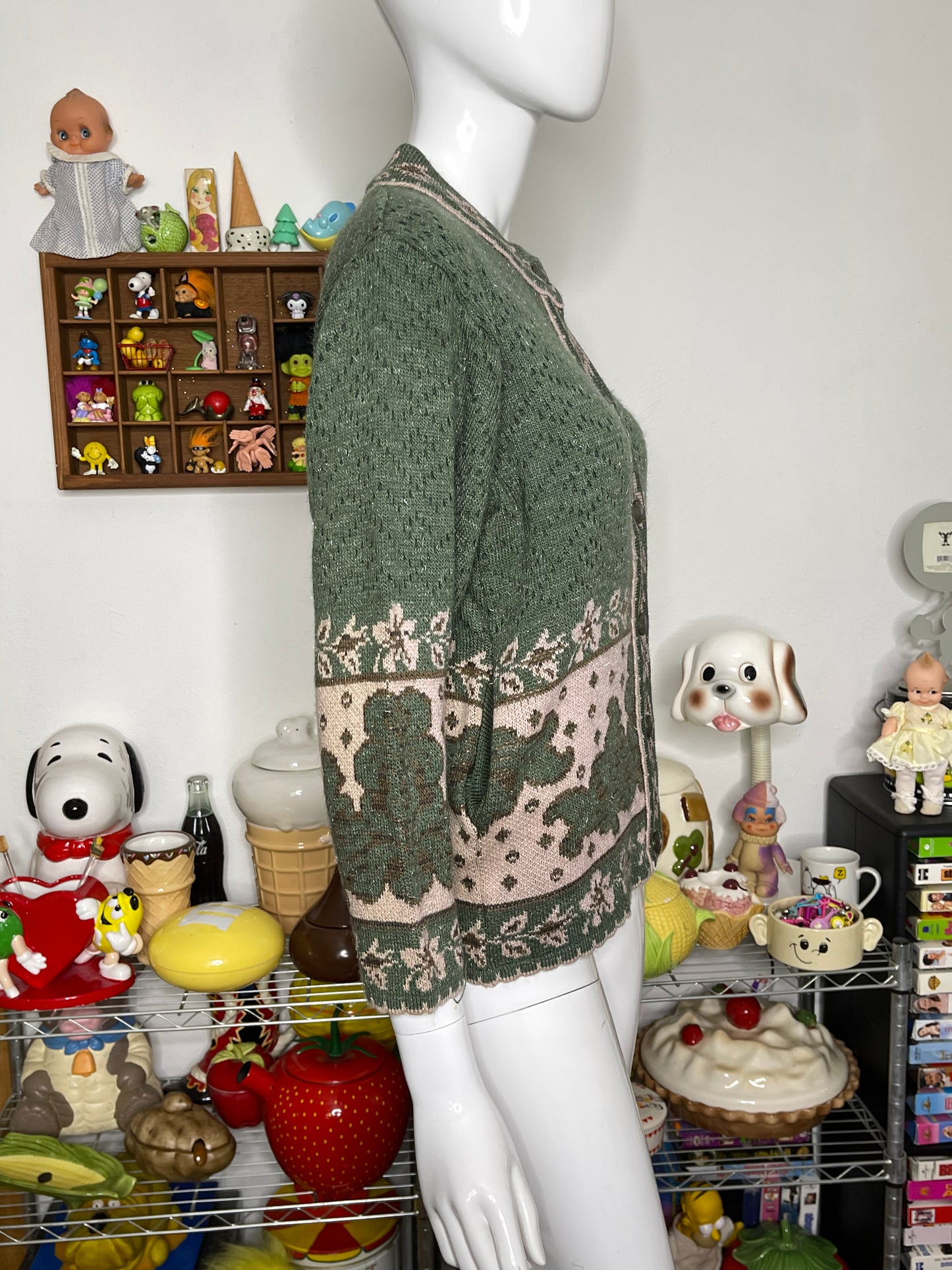 Vintage Green & Brown Floral Grandma Knit Cardigan Sz M