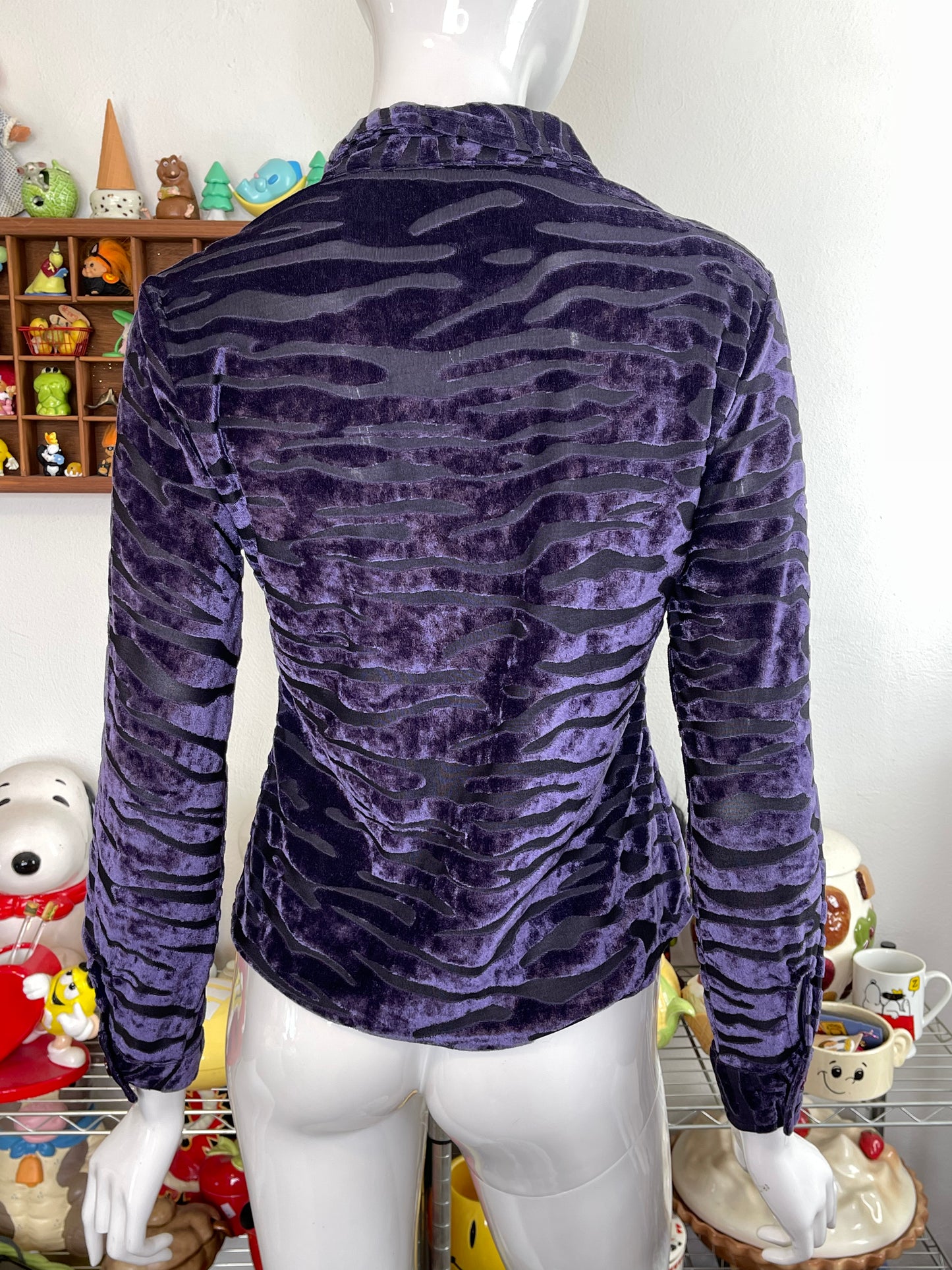 Vintage Purple Swirly Zebra Velvet & Mirco Mesh Collared Button Up Sz S