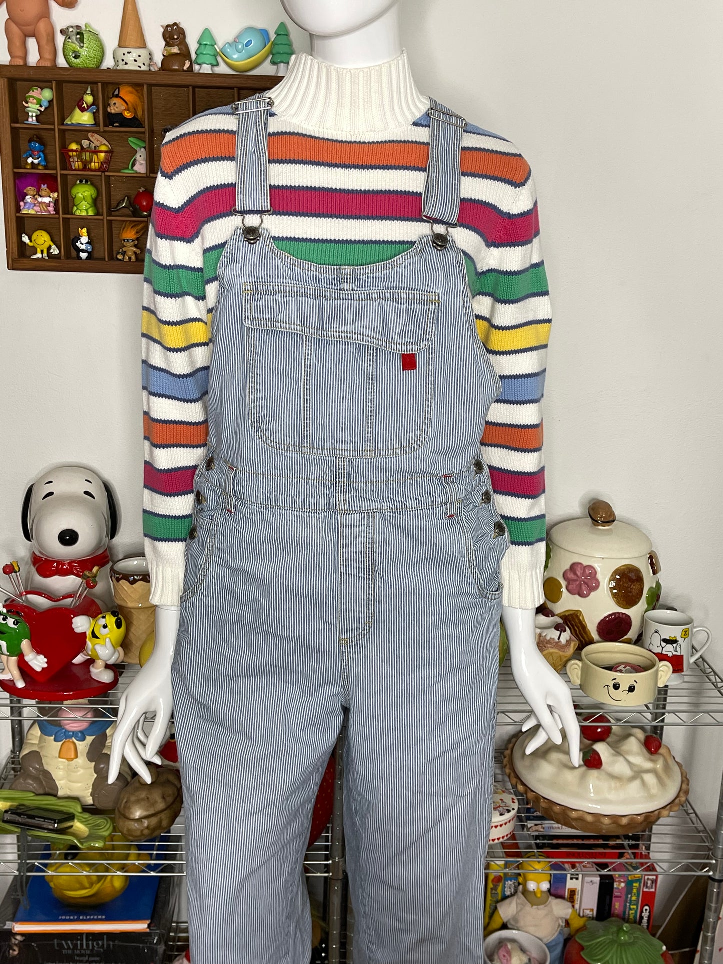 Vintage 2000s Blue & White Pinstriped Semi Cropped Overalls Sz M