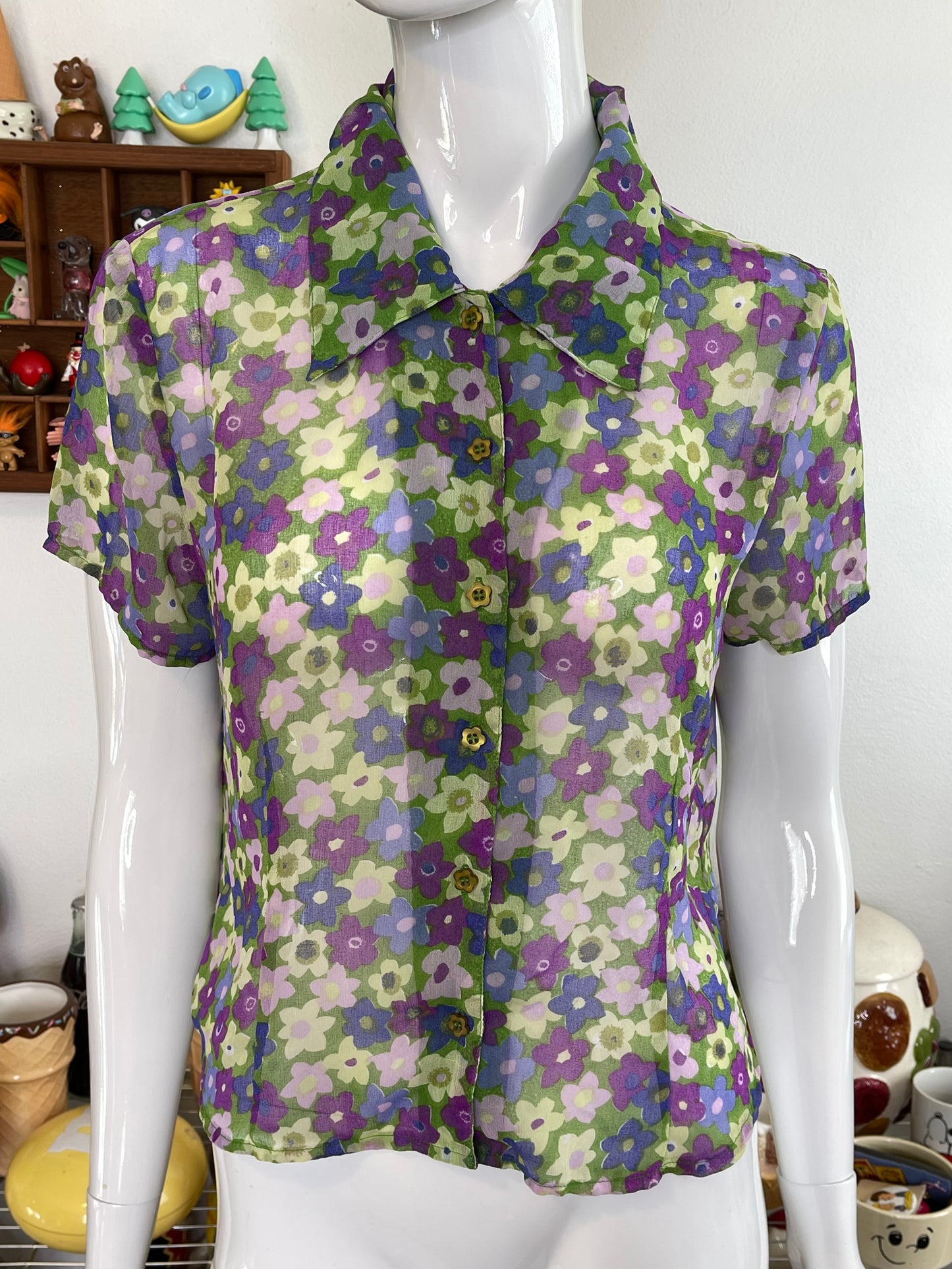 Vintage 90s Colorful Sheer Flower Print Button Up Top Sz M