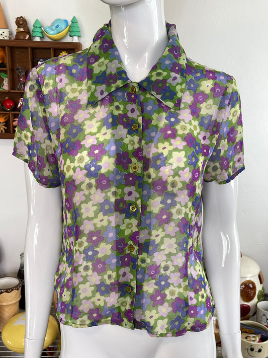 Vintage 90s Colorful Sheer Flower Print Button Up Top Sz M