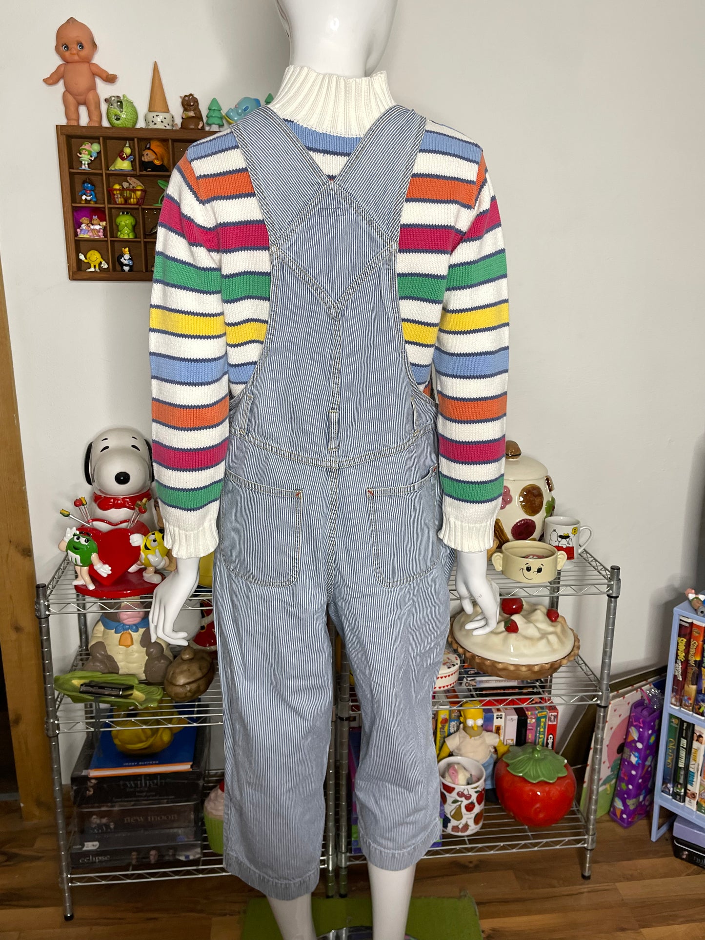Vintage 2000s Blue & White Pinstriped Semi Cropped Overalls Sz M