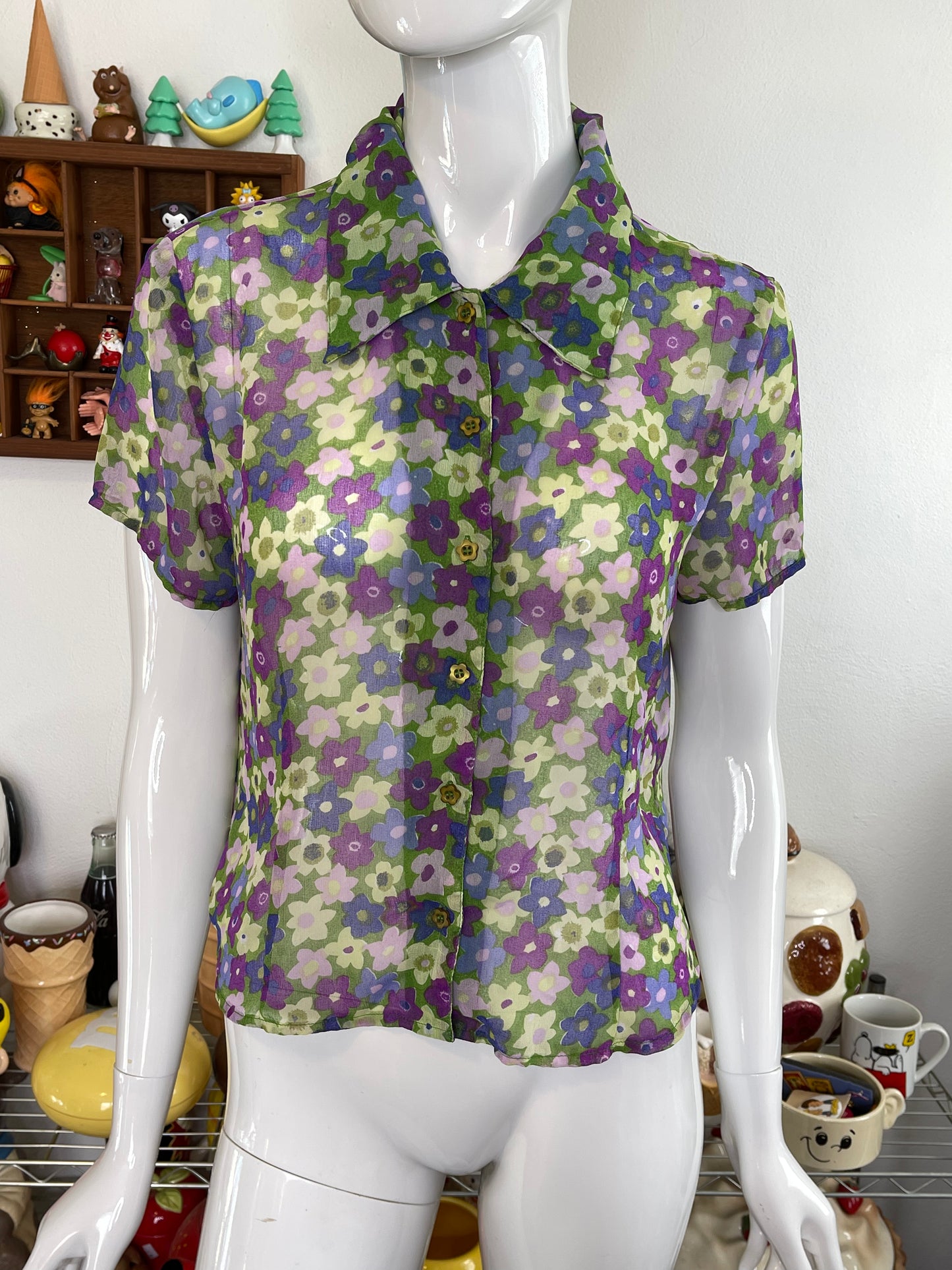Vintage 90s Colorful Sheer Flower Print Button Up Top Sz M