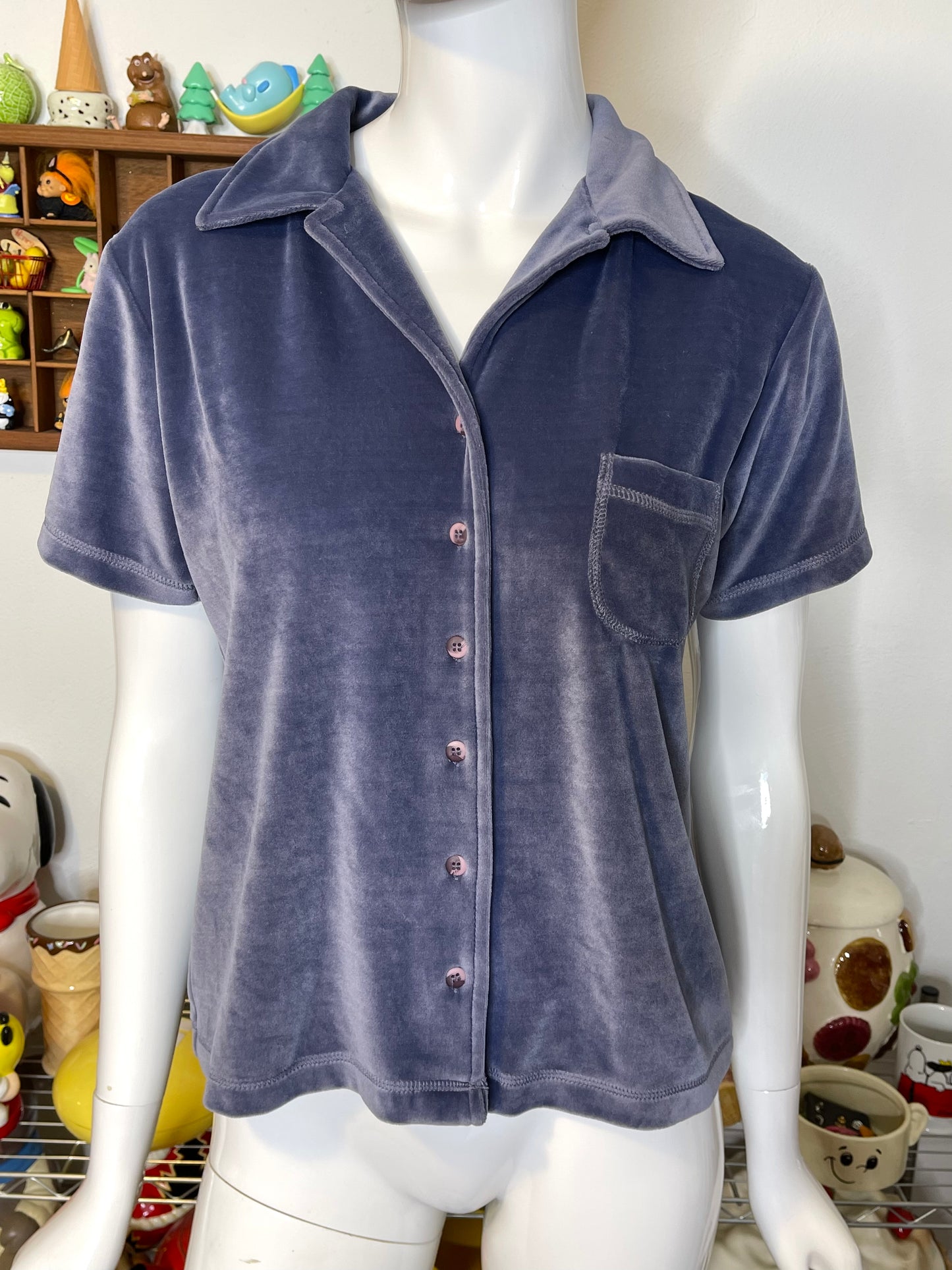 Vintage 90s Icy Blue Velour Plush Top Sz L