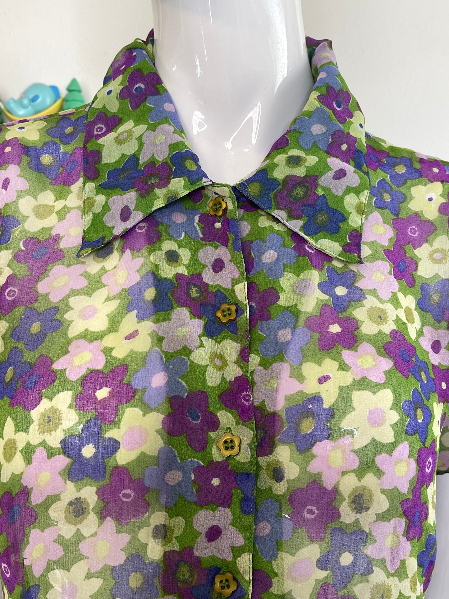 Vintage 90s Colorful Sheer Flower Print Button Up Top Sz M