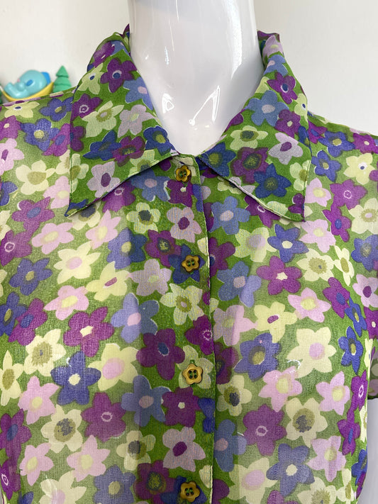 Vintage 90s Colorful Sheer Flower Print Button Up Top Sz M