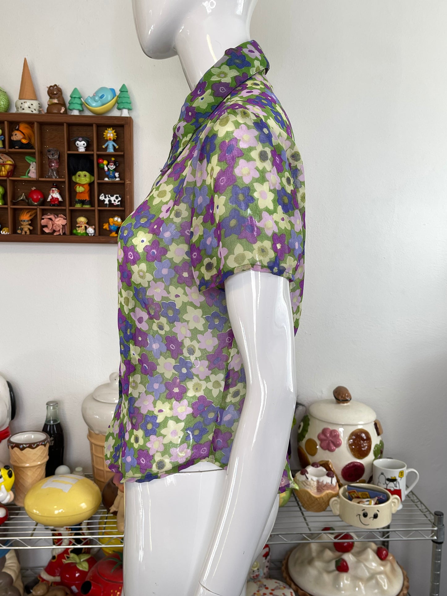 Vintage 90s Colorful Sheer Flower Print Button Up Top Sz M