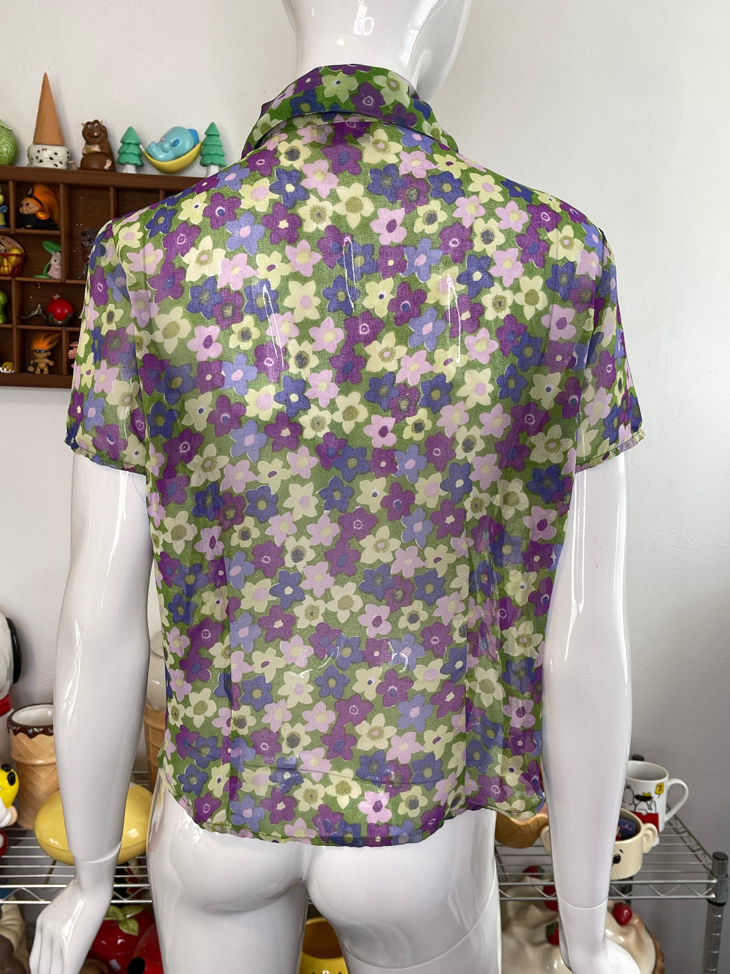 Vintage 90s Colorful Sheer Flower Print Button Up Top Sz M