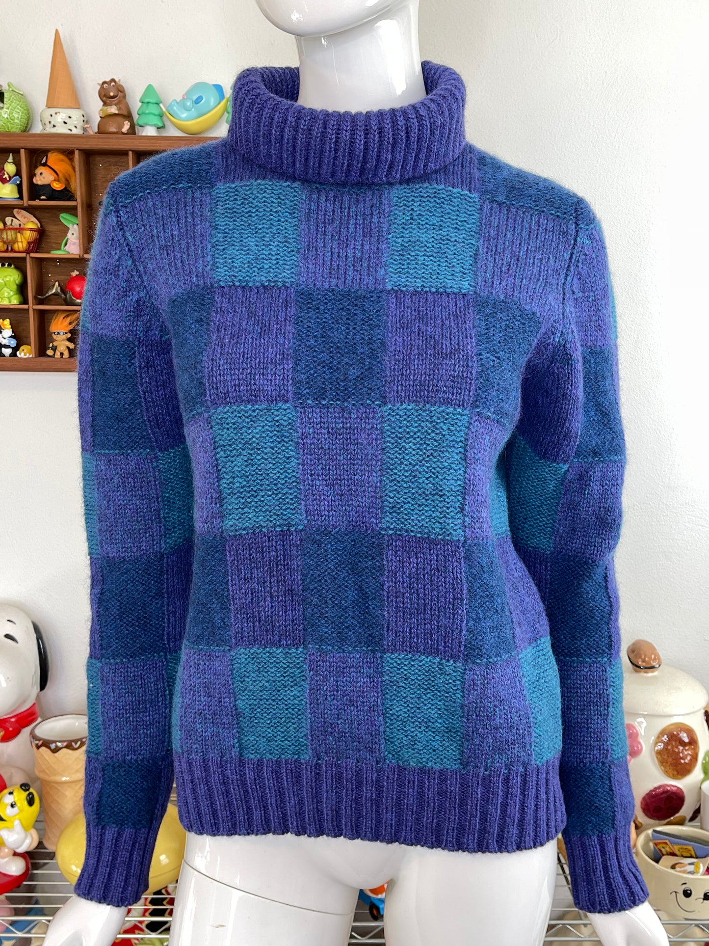 Vintage Purple Wool Blue Plaid Knit Turtleneck Sweater Sz S/M
