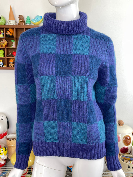 Vintage Purple Wool Blue Plaid Knit Turtleneck Sweater Sz S/M