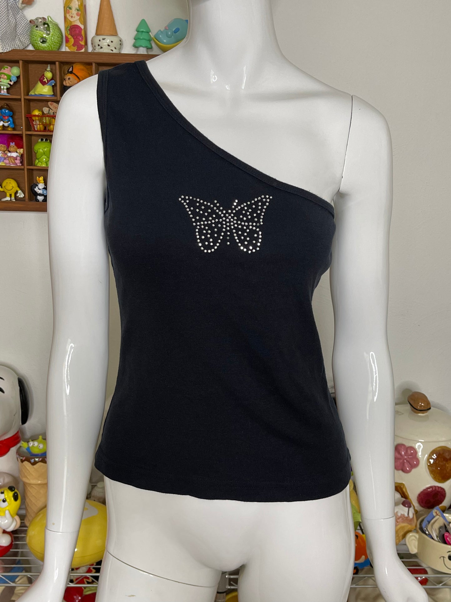2000s Black Off The Shoulder Butterfly Rhinestone Top Sz M/L